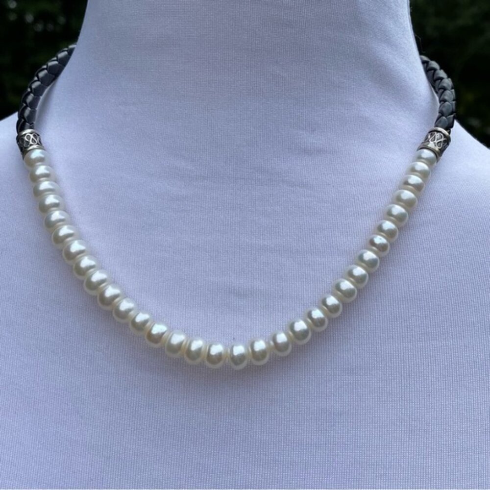 NECKLACE FRESHWATER PEARLS BLACK BRAIDED LEATHER 925 STERLING SILVER 17”